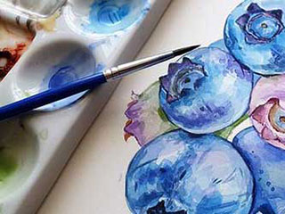 image of watercolor paints and paintbrush with unfished watercolor painting