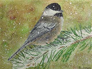 watercolor of chickadee in snow