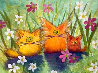 photo of three cranky cats in flowers