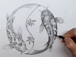drawing of two fish and two fall leaves, representing the yin and yang of the autumn solstice