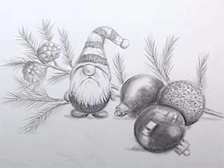 a drawing showing holiday themes of a Xmas gnome, Xmas bulbs and pine boughs and pine cones