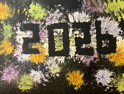 a paintng with colorful bursts of color and the numbers 2026