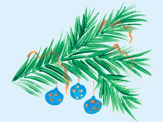 a watercolor painting of an evergreem branch with three blue Xmas bulbs hanging from it