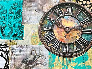 a collage of papers of various design featuring a large analog clock with roman numerals