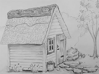 a drawing of a cabin with a tree and a stone sidewalk