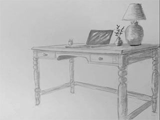 a 2-point perspective drawing of a desk with items on top