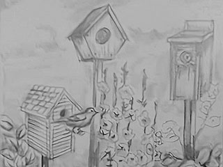 drawing of three bird houses, one bird, and flowers and leaves