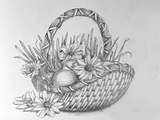 a drawing of an easter basket with eggs and flowers