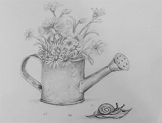 a drawing of flowers in a watering can