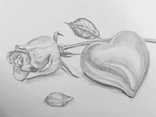 a drawing of a rose, a rose petal, and a heart