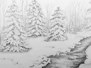 a drawing of three pine trees covered in snow beside a stream