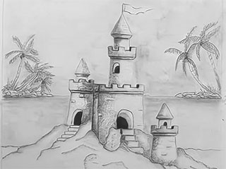 a drfawing of a sand castle and palm trees