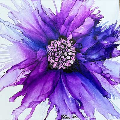 alcohol ink painting of purple flower on tile