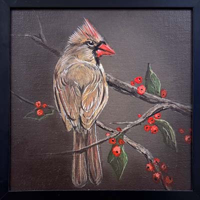 a 6x6-inch artwork showing a painting of a female cardinal