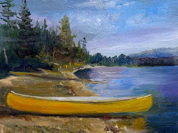 a painting of a canoe pulled up on a lake shore