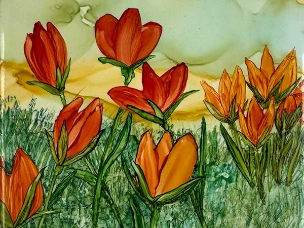 a painting of a canoe pulled up on a lake shore