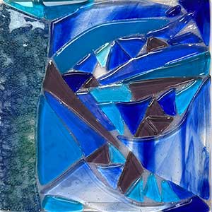 a 6x6-inch artwork made of glass in shades of blue