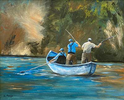 acrylic painting of three fishermen in a boat