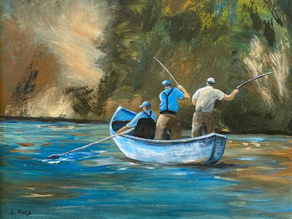 watercolor of fisherman fishing in Salmon River