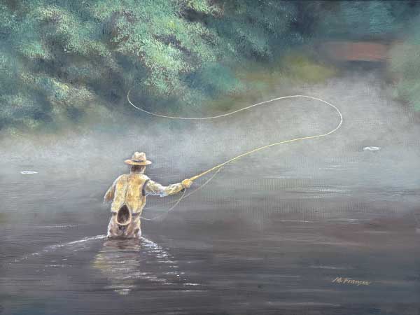 painting of a fisherman fishing in Salmon River