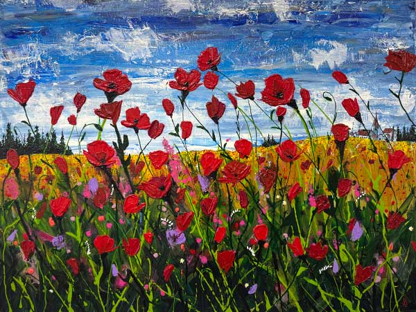 photo of a red poppies against a blue sky, one of the paintings in the Heart of the Gallery Show