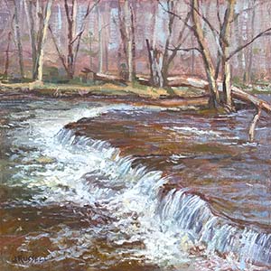 oil painting of small waterfall across a stream