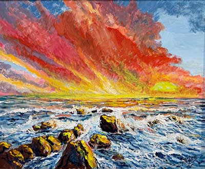 oil painting in brilliant oranges and yellows of a sunset over a rocky shore