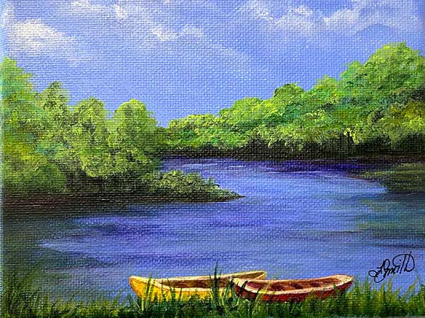 painting of two kayaks in lake