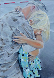painting of service man holding a child painted by Sharon Blair