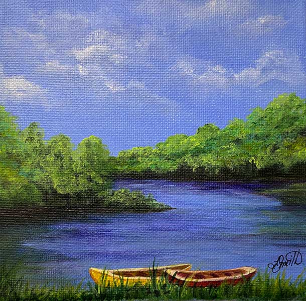 oil painting of blue lake, blue sky, and row boats on shore