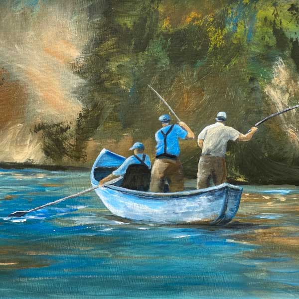 painting of three men fishing from a rowboat