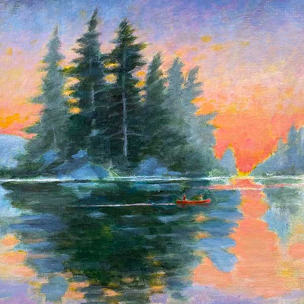 painting of a canoe on the water at sunrise