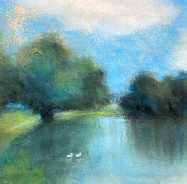 student painting of trees, pond, and two ducks