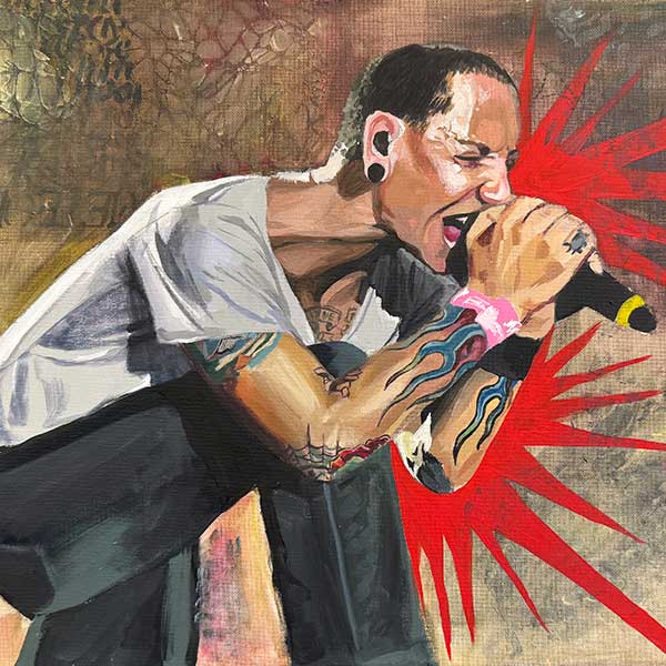 student painting of a highly tattooed man singing into a microphone