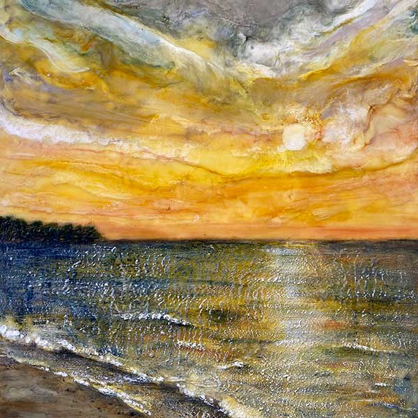 encaustic painting of sunset over Lake Ontario