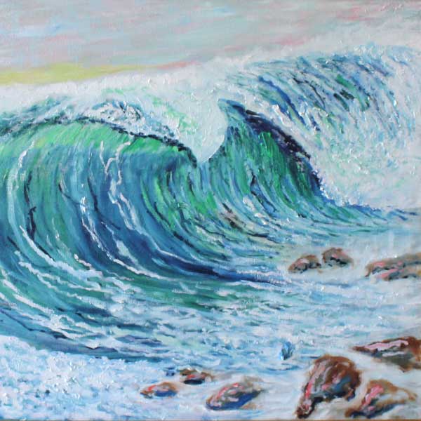 painting of a large wave crashing on shore