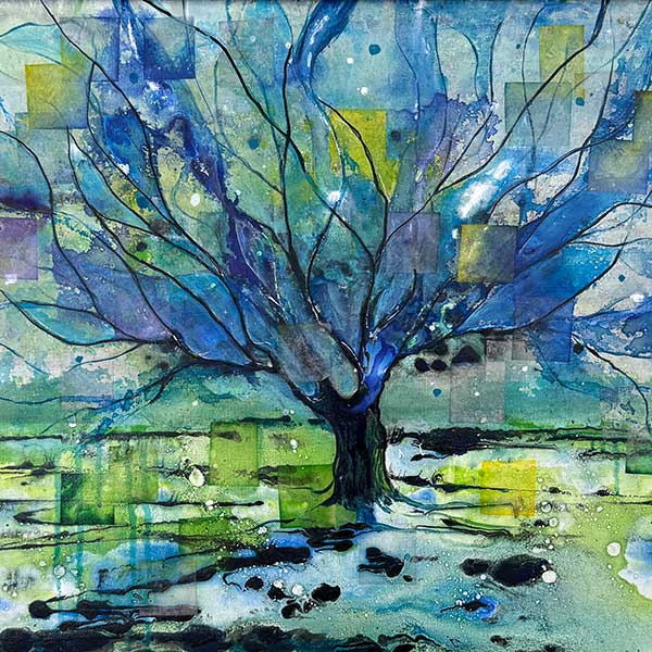 mixed media painting of a tree in a field