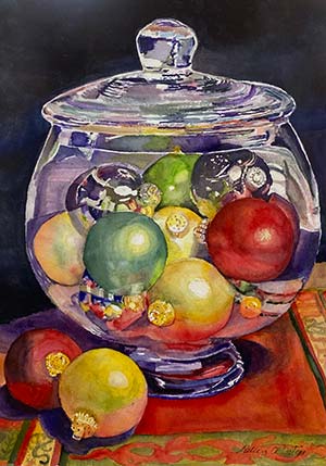 watercolor of Christams balls in clear glass jar
