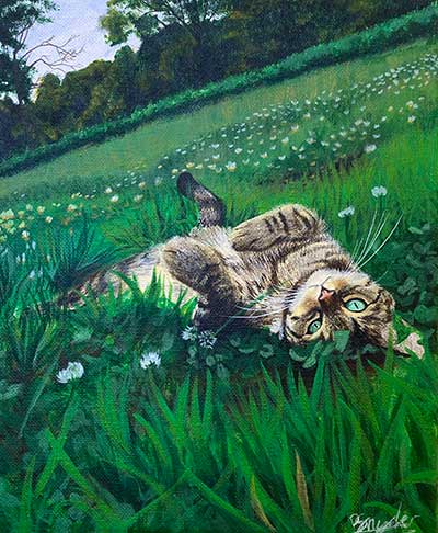 acrylic painting of cat lying in grass and flowers