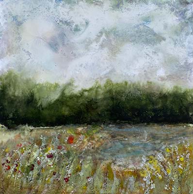 Encaustic painting of flowers in a meadow