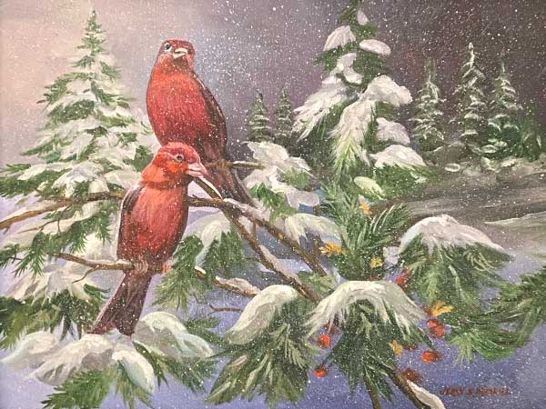 painting of cardinals on snowy branch in winter