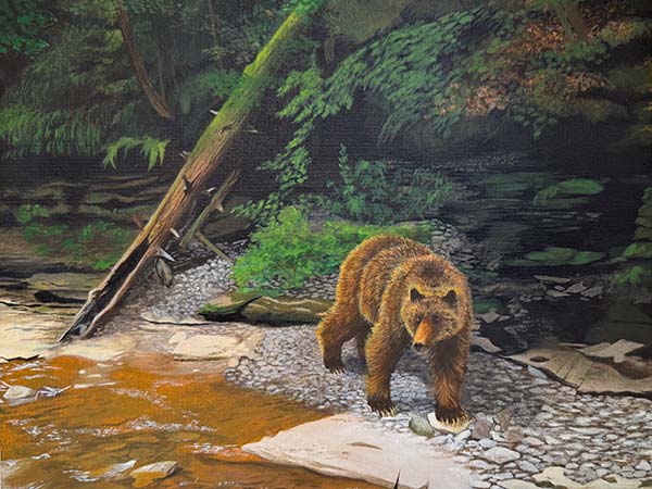 acrylic painting of a bear walking beside a creek