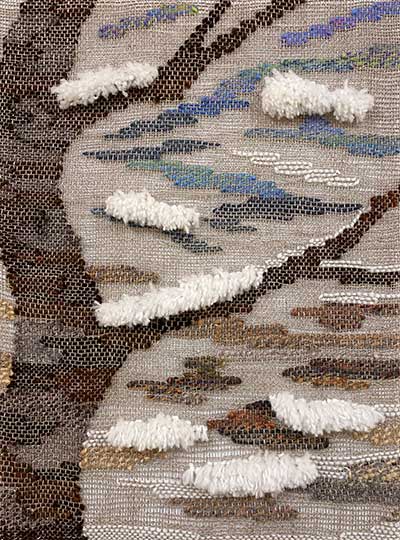 Tapestry of tree branches with snow, made of cotton and wool