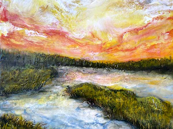 painting of brilliant sunset over water