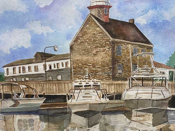 watercolor of lighthouse marina and boats