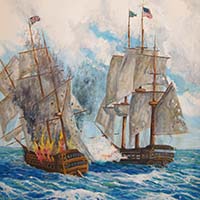 painting of sailing ships in battle
