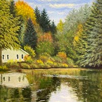 painting of camp by water's edge