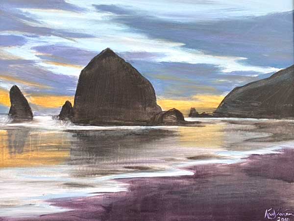 painting of Black Rock under a purple and gold sky